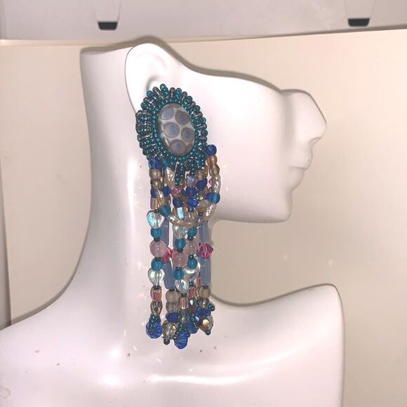 Blue pink ab iridescent festoon chandelier hand beaded large pierced earrings - Picture 7 of 12